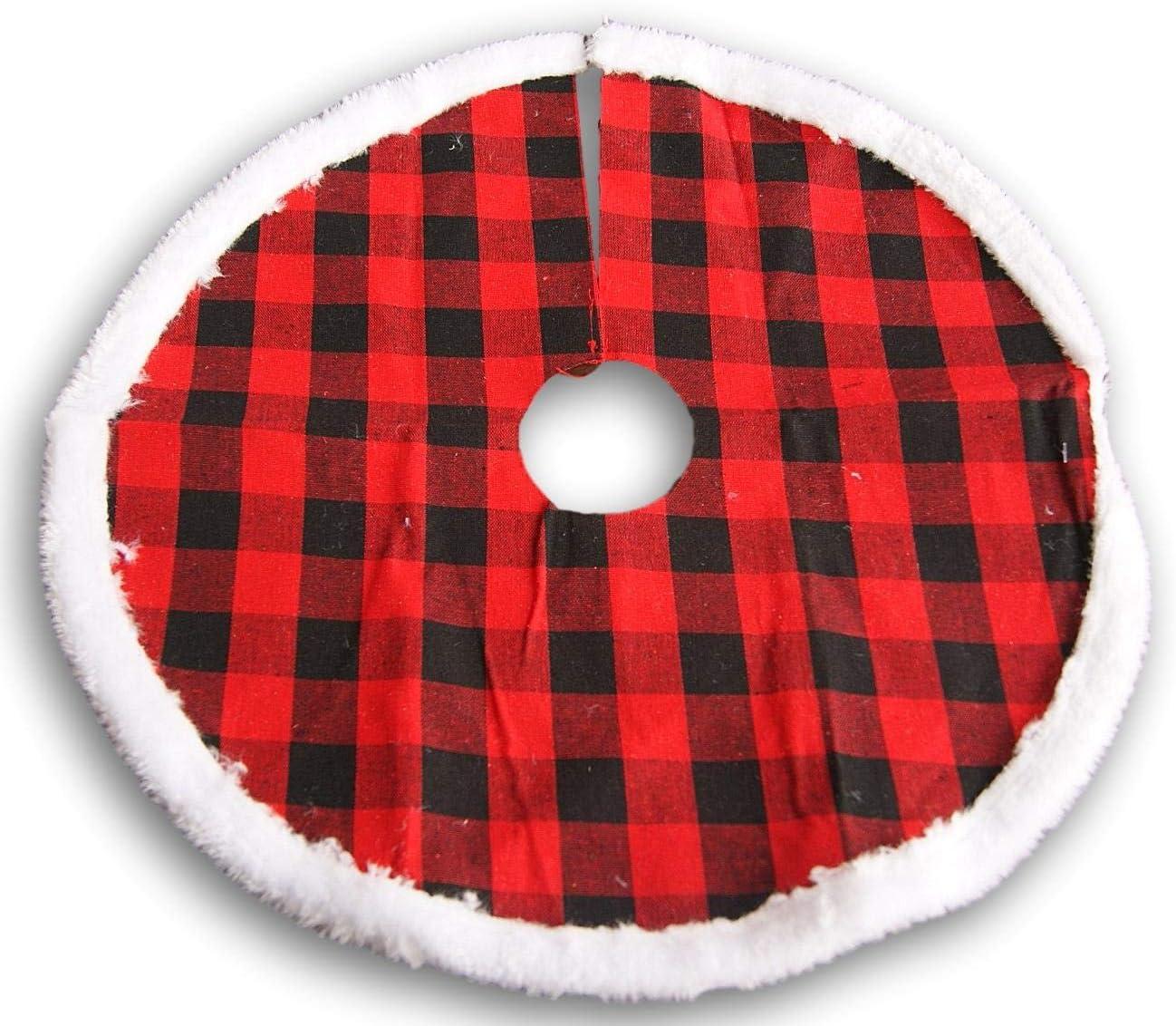 Mini Christmas Tree Skirt - Buffalo Plaid - Red & Black Check with Faux Fur Border - 18 Inch