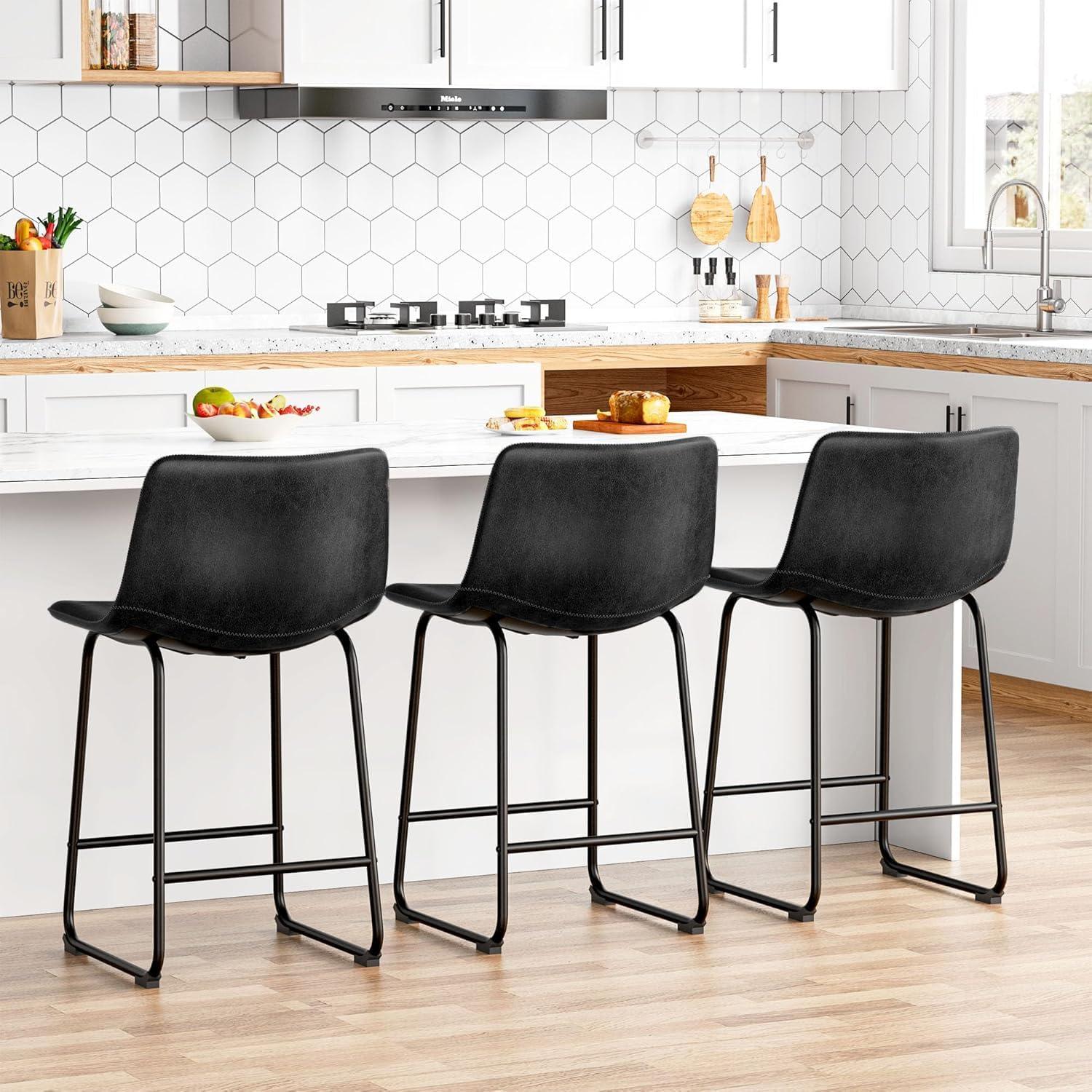 Set of 4 Black PU Leather Counter Height Bar Stools with Metal Legs