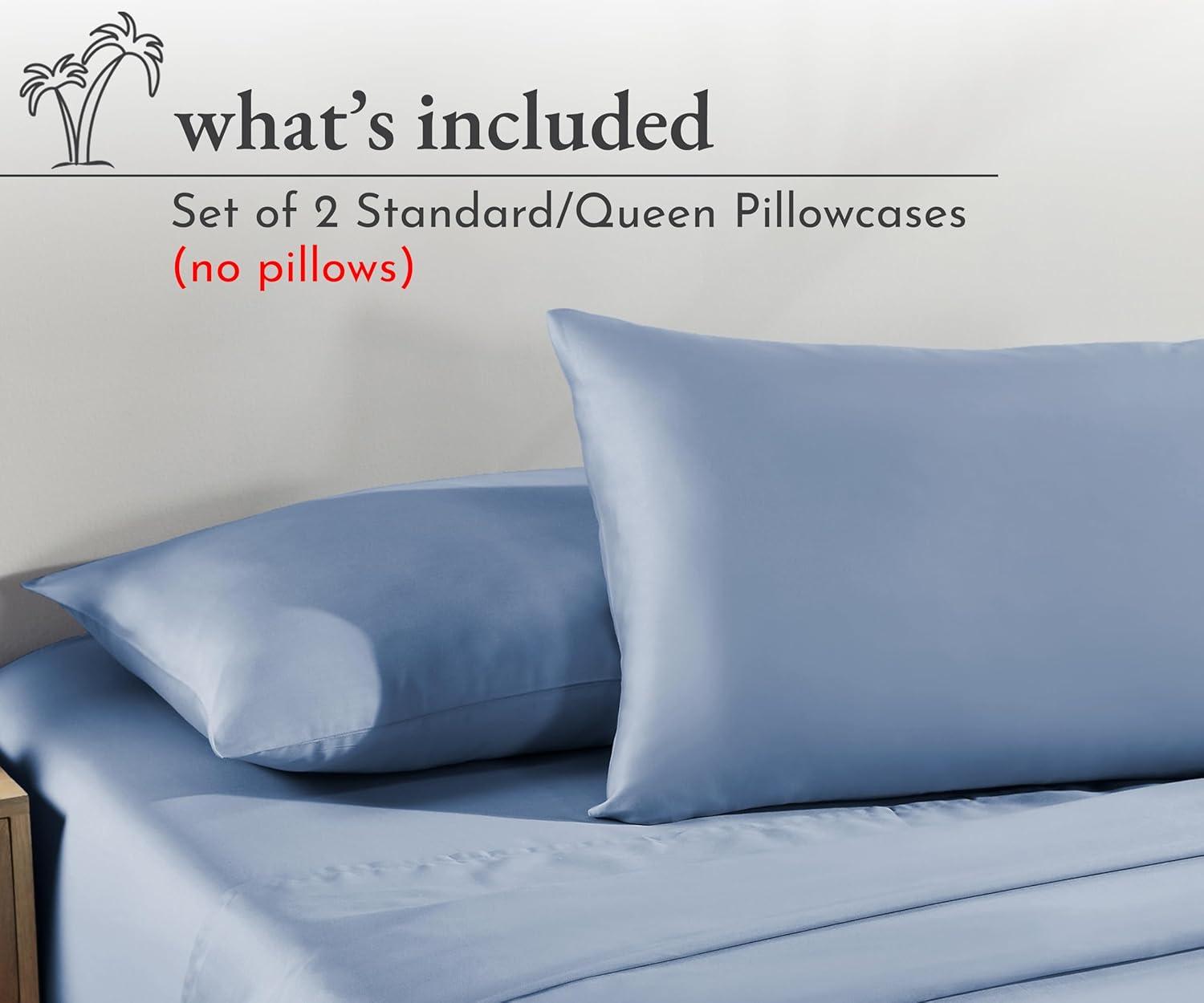 100% Cotton Blue Pillow Cases Standard Size / Queen Size Set of 2 Soft & Cooling Sateen Weave by California Design Den