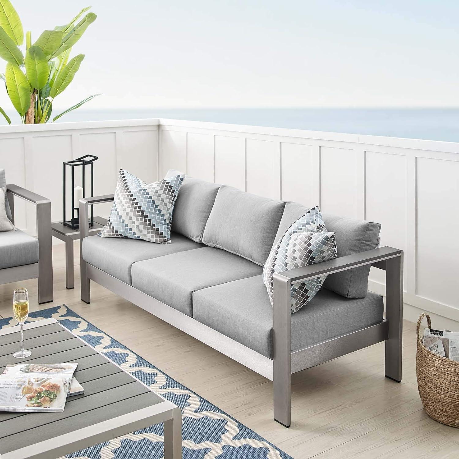 Modway Shore Fabric & Aluminum Outdoor Patio Sofa in Silver & Gray