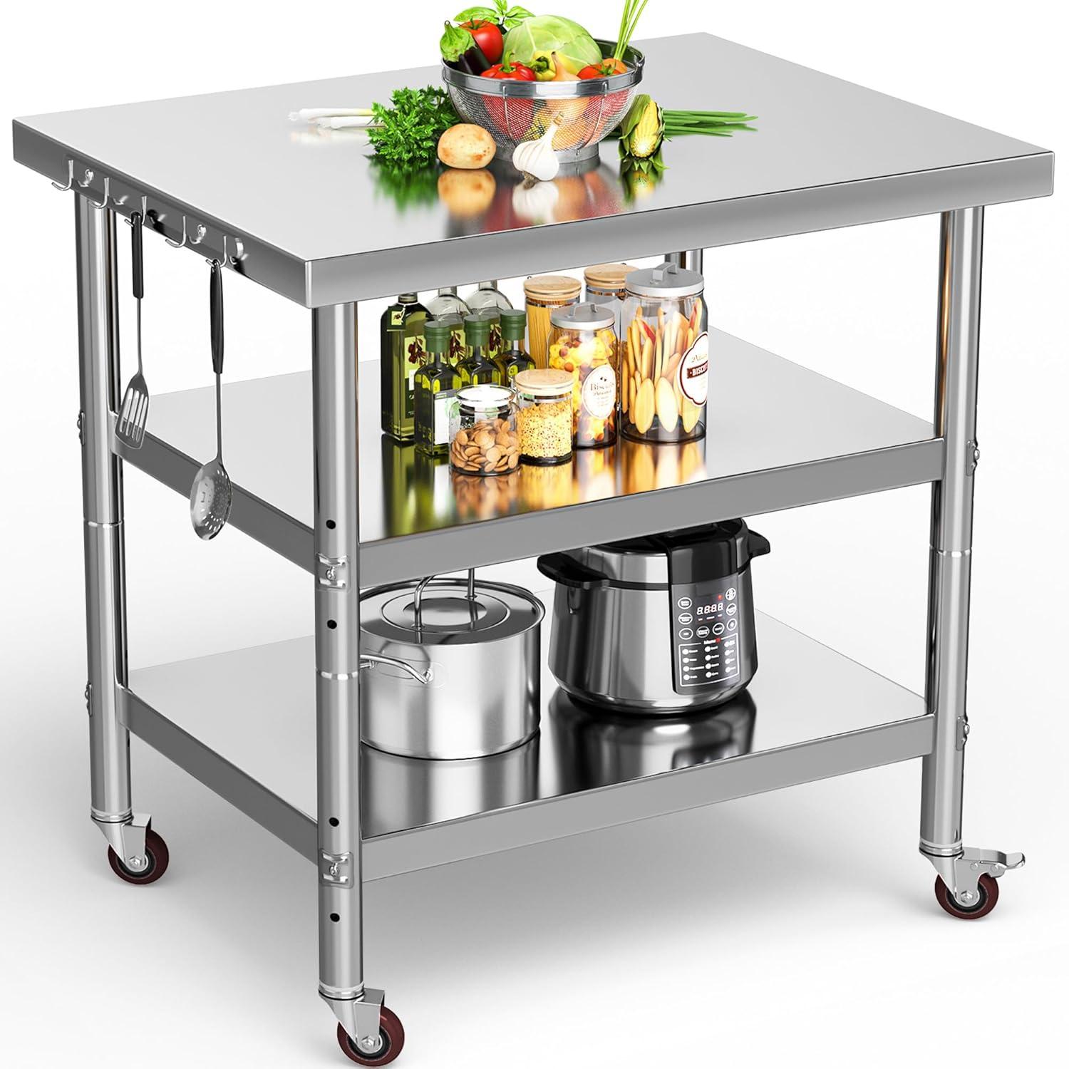 Dextrus Stainless Steel Table, 36" X 24" Work Table with Wheels, 3 Shelves Metal Table Prep Table for Home Kitchen Restaurant Garage Warehouse Outdoor