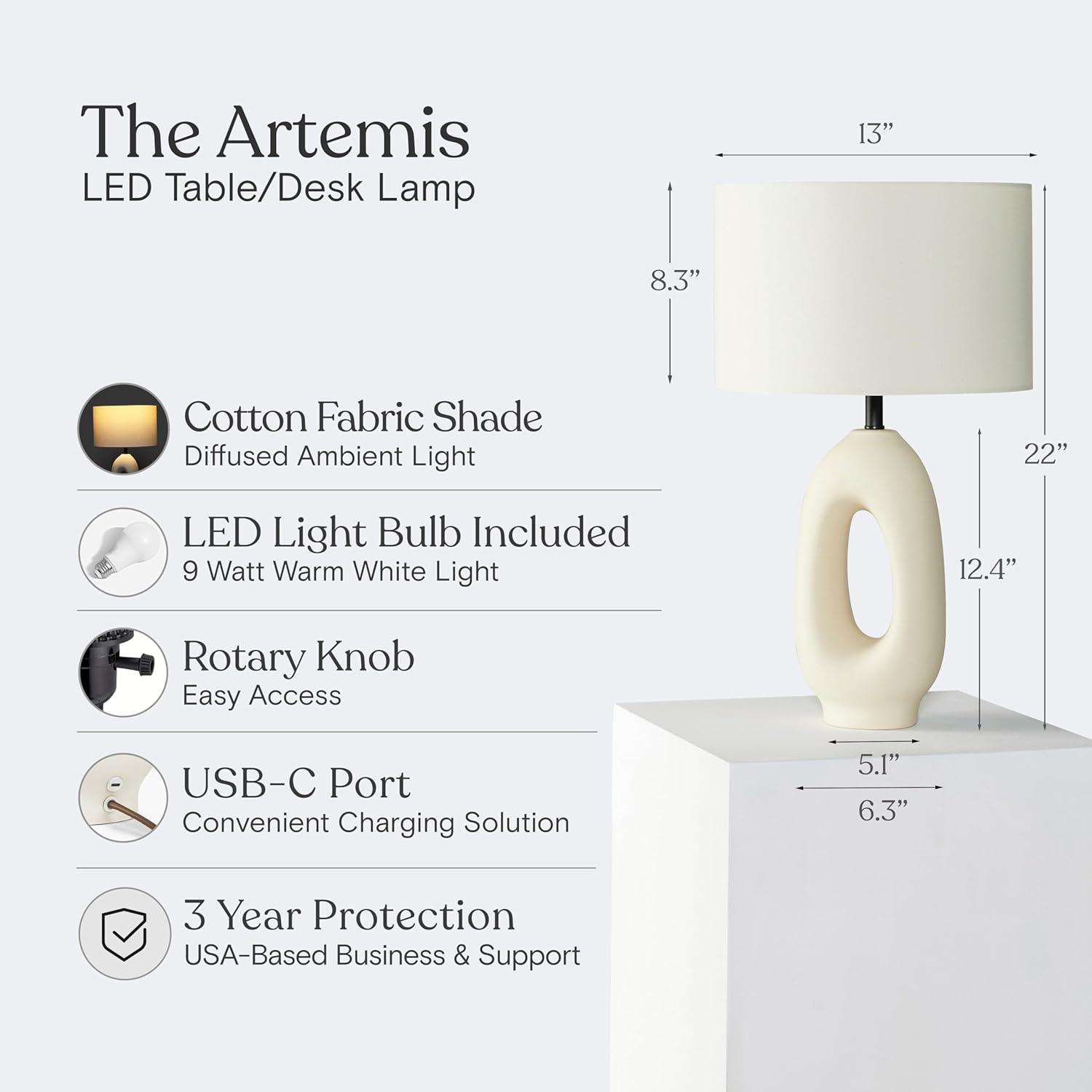 Brightech Artemis 22.5" Cream Ceramic LED Table Lamp - Coastal Charm with Cotton Shade & USB-C Port