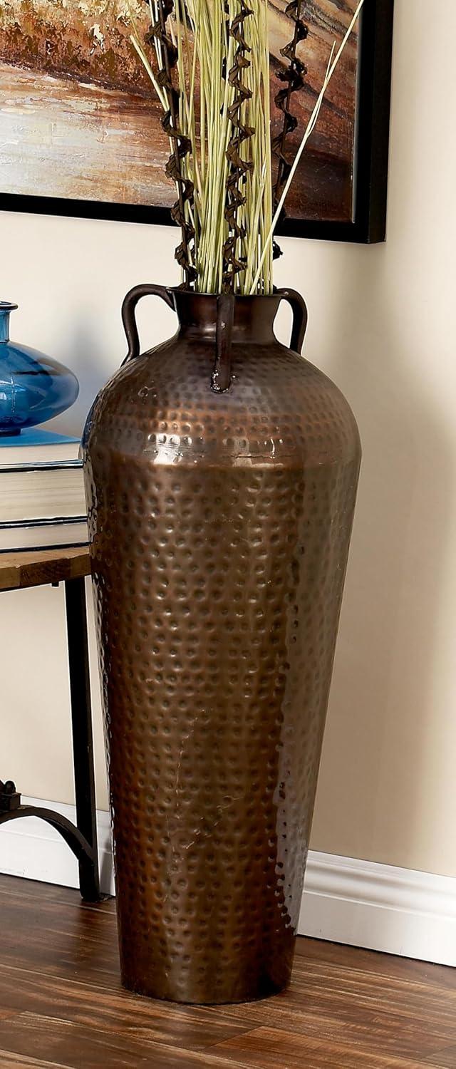 DecMode 32" Tall Floor Mediterranean Style Brown Metal Vase with Hammered Details and Handles