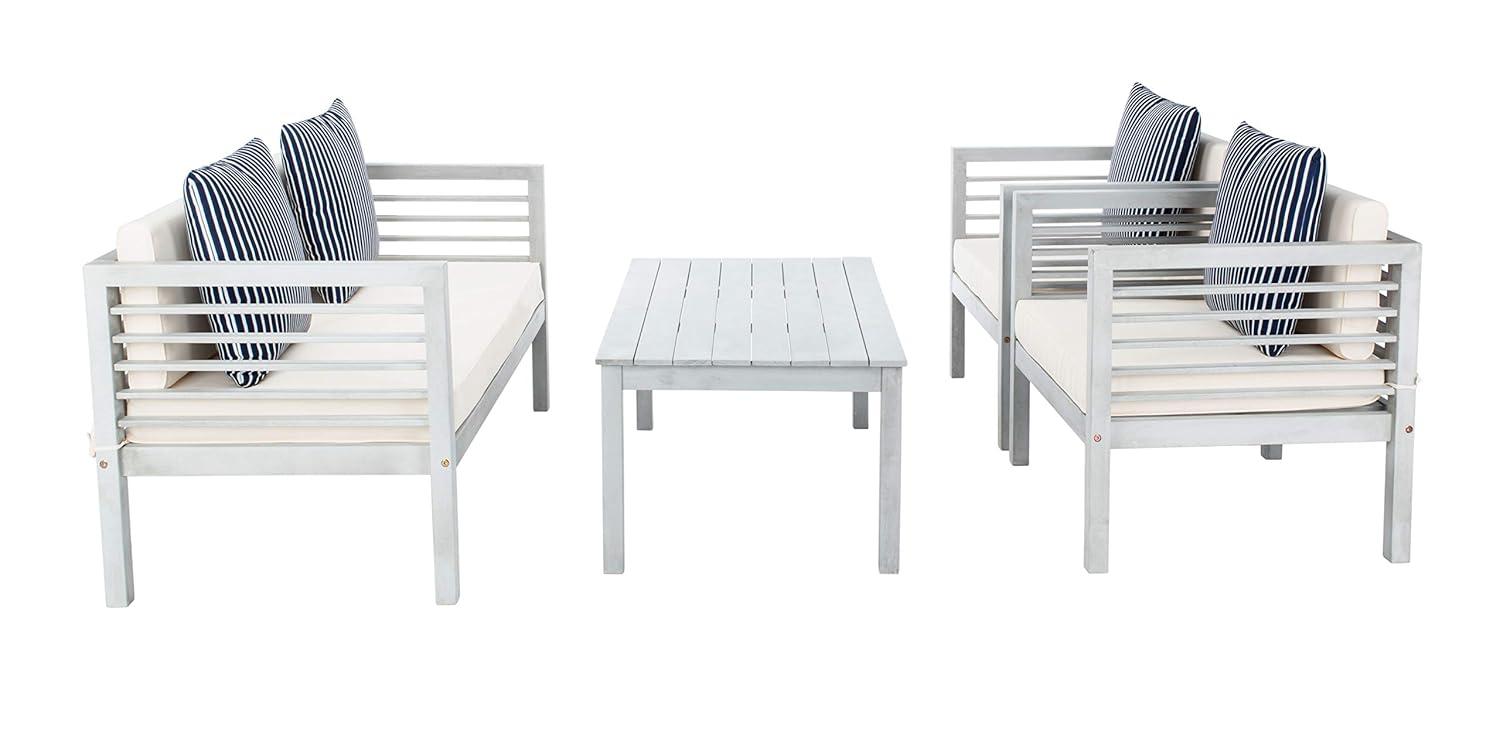 Alda 4 Piece Set - Indoor/Outdoor - PAT7033 - Grey/Beige + Thin Stripe Pillow - Safavieh