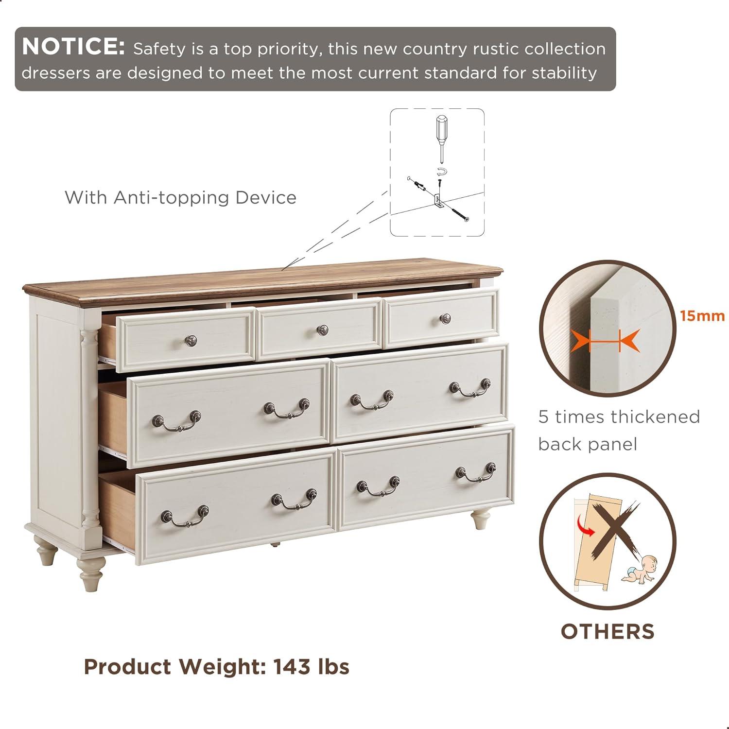 OKD Ojaswi Farmhouse 7 - Drawer Dresser, Wood Rustic Dresser Chest of Drawers with 2 Size Drawers for Bedroom, Living Room