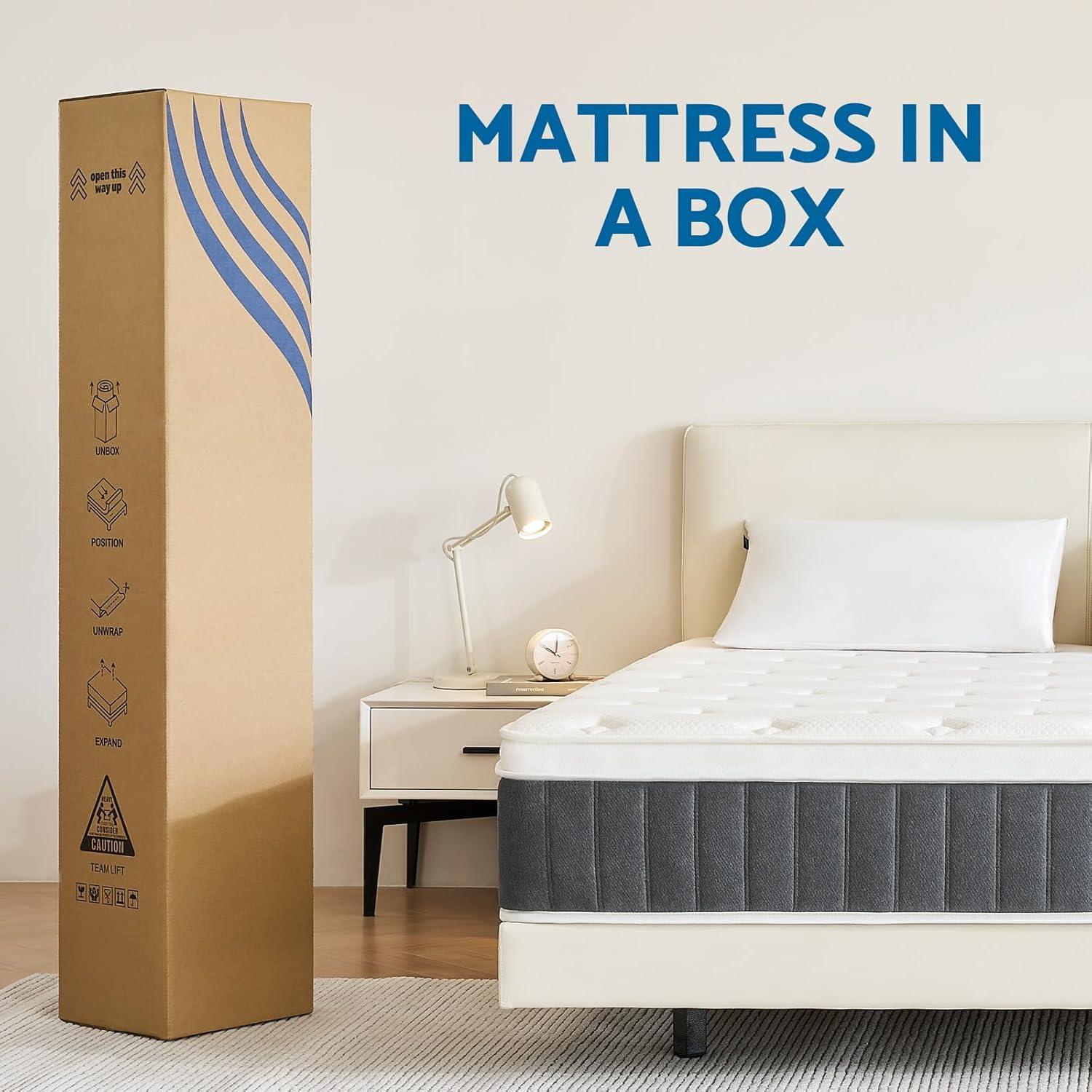 BedNew 10 inch Queen Mattress, Medium Firm, Pillow Top Hybrid Pocket Spring Mattress in a Box