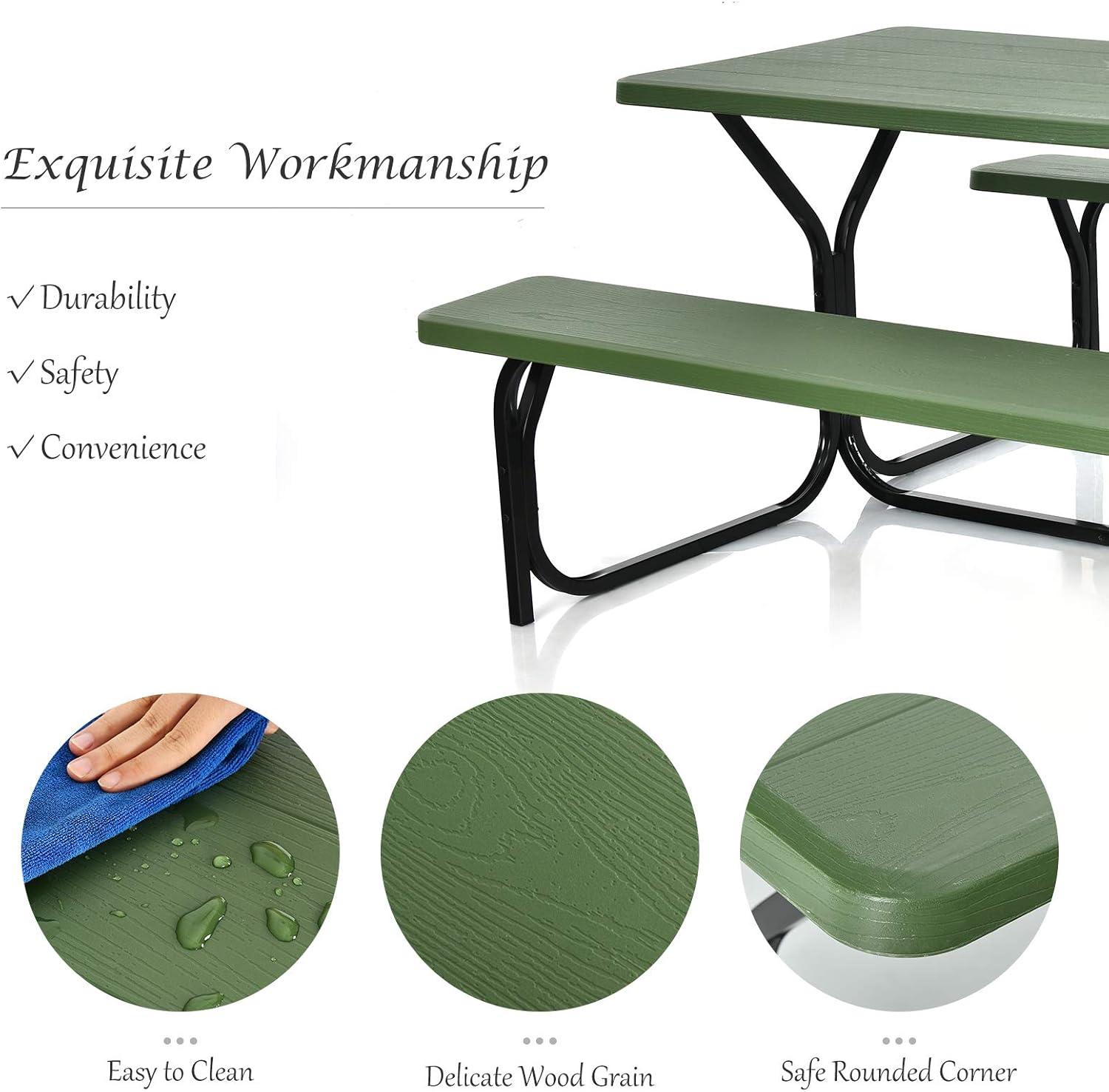 Giantex Picnic Table Bench Set Outdoor Camping All Weather Metal Base Yard Pool Dining Party Garden Patio Lawn Deck Large Camping Table (Green)