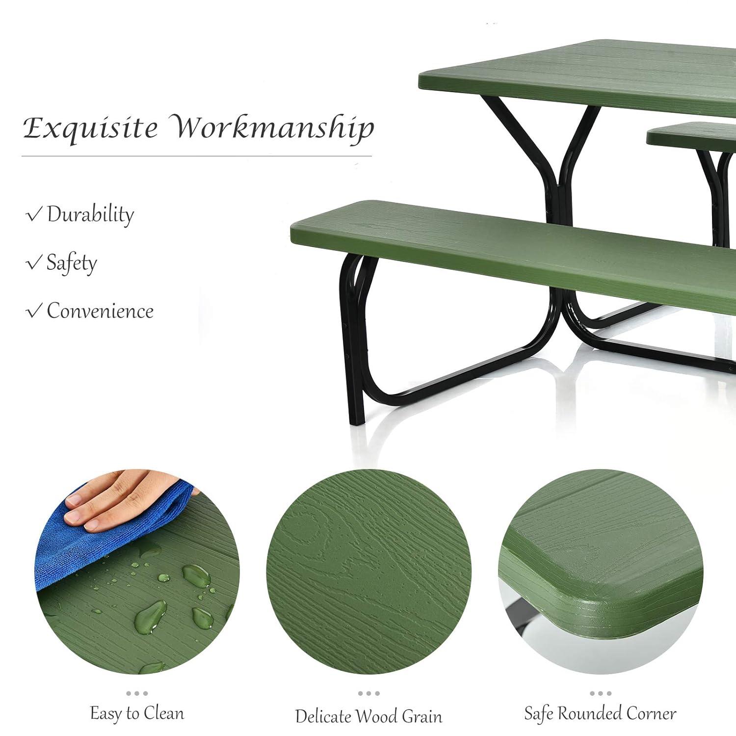 Giantex Picnic Table Bench Set Outdoor Camping All Weather Metal Base Yard Pool Dining Party Garden Patio Lawn Deck Large Camping Table (Green)
