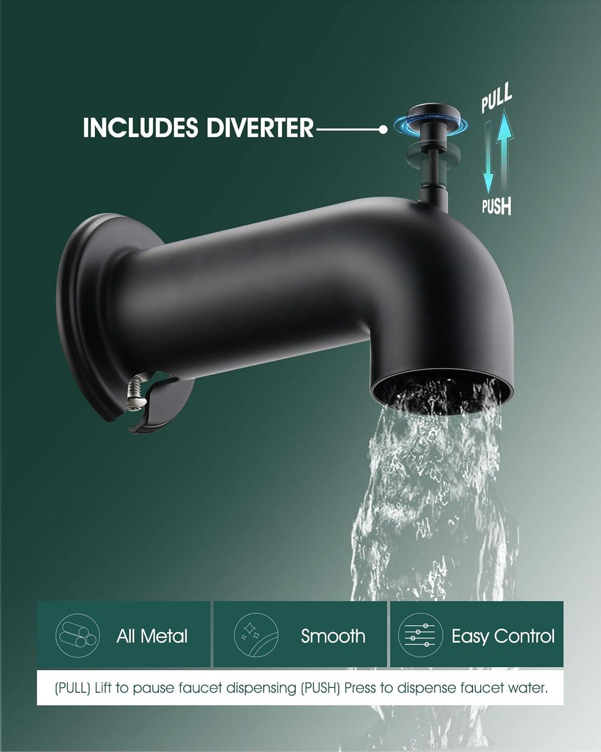 Innovire Extra Long Tub Spout with Diverter, Fits for 1/2" IPS Threads,Matte Black Matte Black