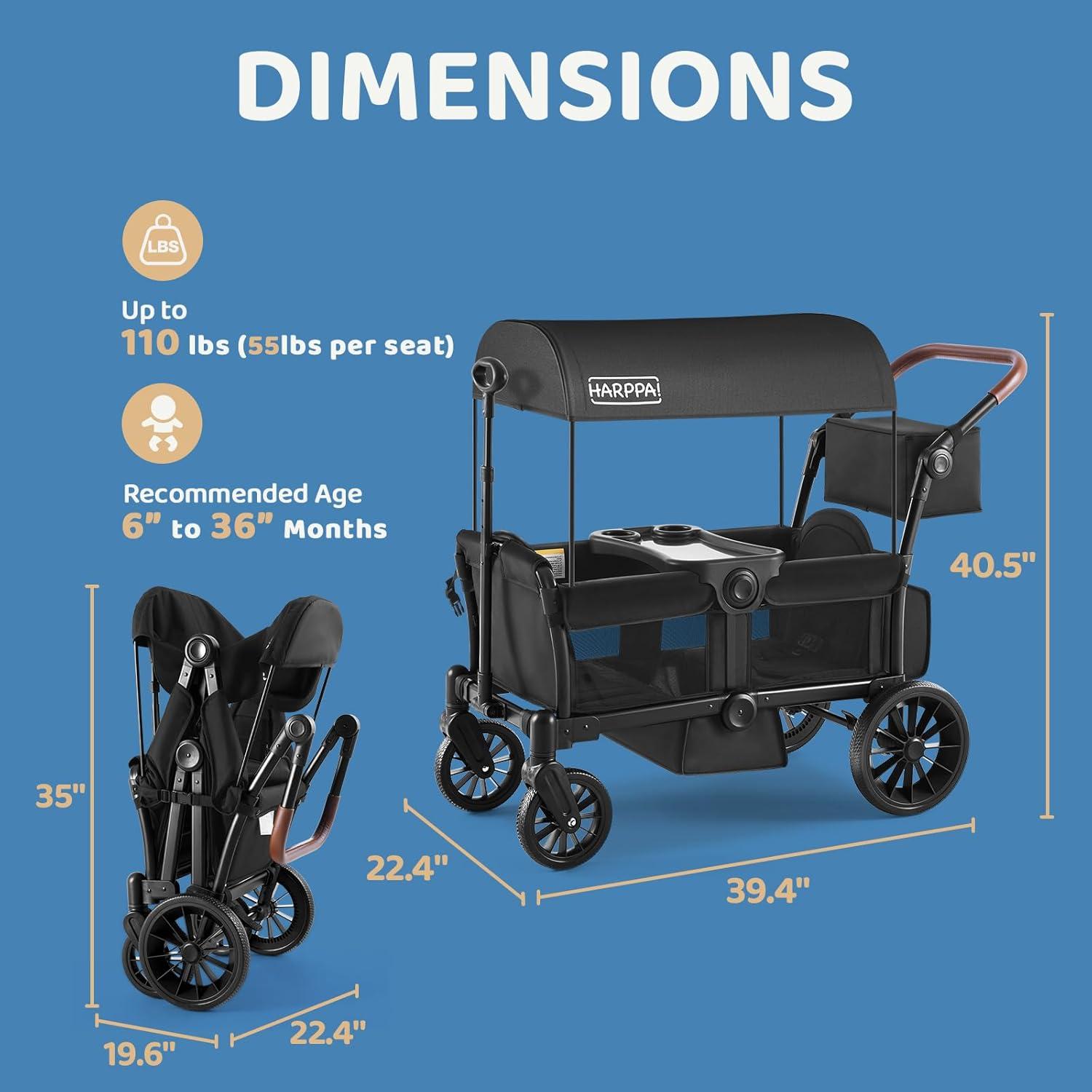 HARPPA Foldable Wagon Stroller for 2 Toddlers with Pull & Push Handle, Canopy, 32.9lbs, Black