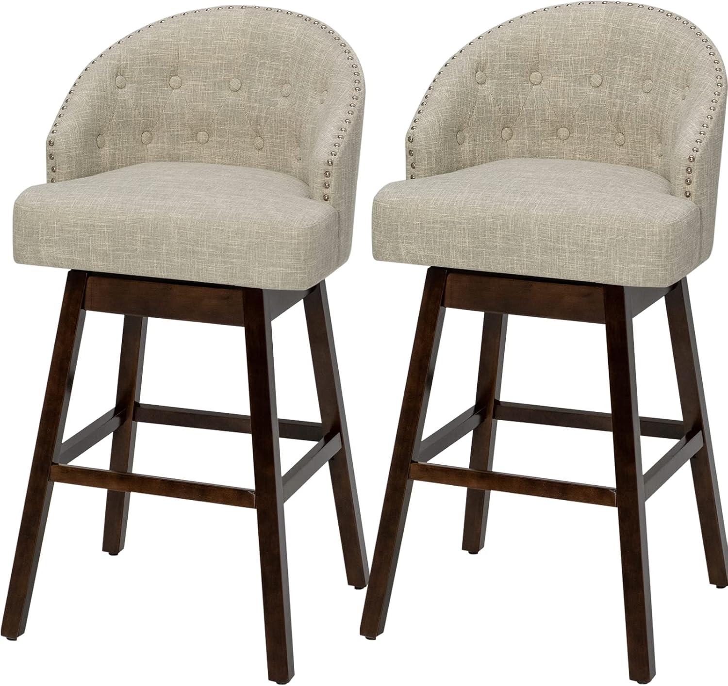 Beige Swivel Bar Stools with Rubber Wood Legs and Tufted Back, Set of 2