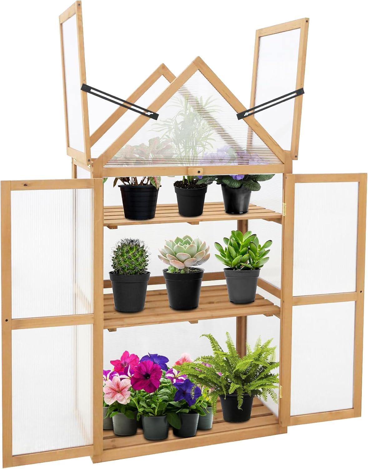 Natural Fir Wood Cold Frame Greenhouse with Adjustable Shelves