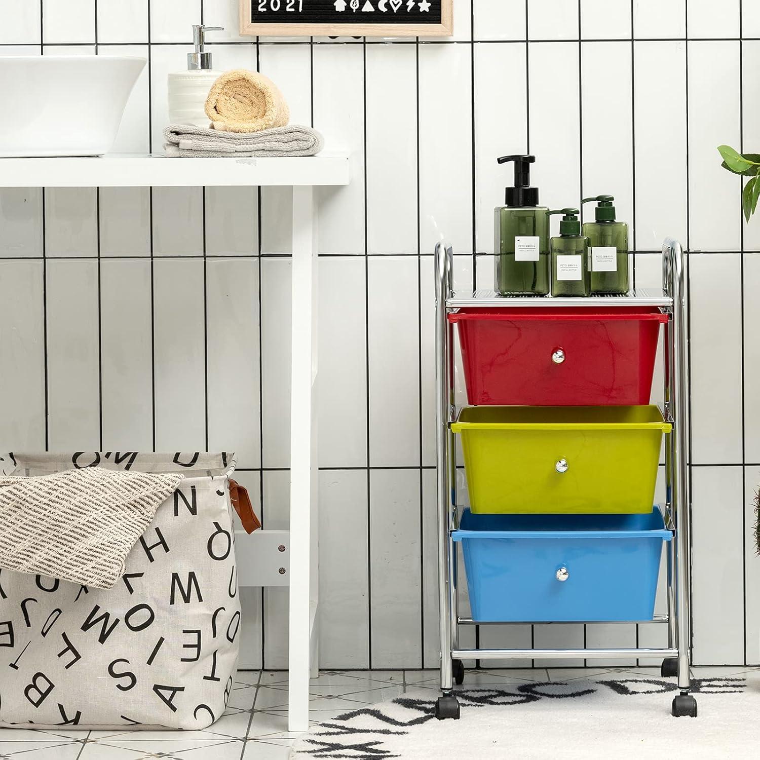 Multicolor 3-Drawer Rolling Storage Cart with Plastic Drawers