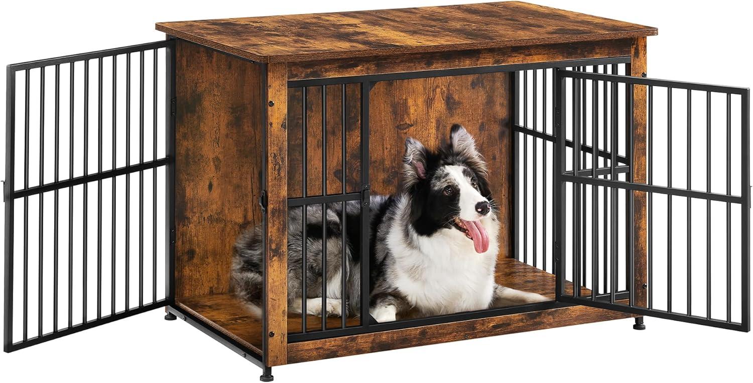 Feandrea Dog Crate Furniture, 38 Inches Dog Kennel for Dogs up to 70 lb, with Removable Tray, Heavy-Duty Dog Cage End Table, Double Doors Dog House, Rustic Brown UPFC013X01