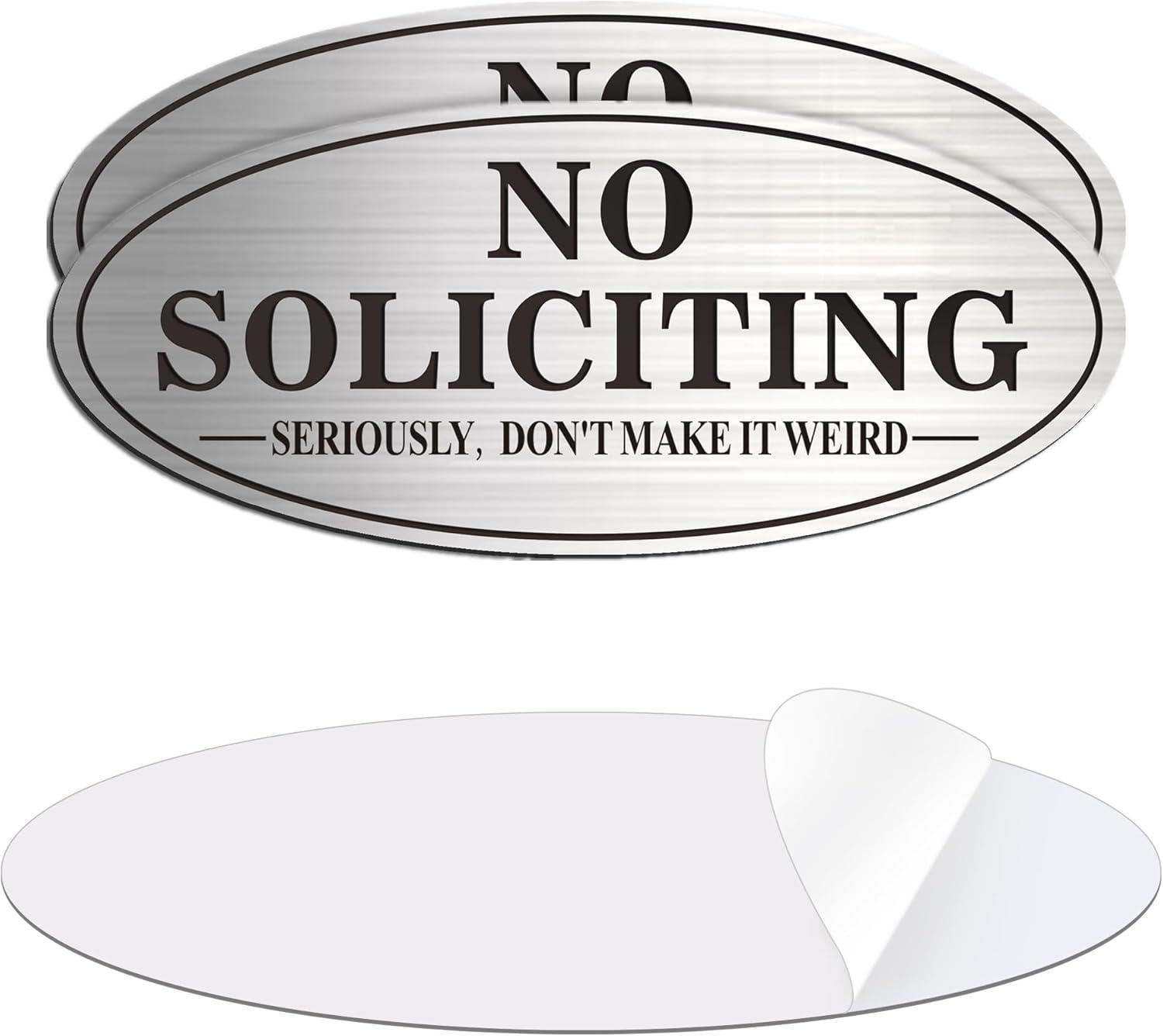 No Soliciting Sign, No Solicitors Sign for Front Door, 2 Pack Self-Adhesive Aluminum Metal No Solitation Do Not Knock or Ring Bell Sign, 7.0 x 3.0 inches Weather Resistant Signs for Home Doorbell Busi