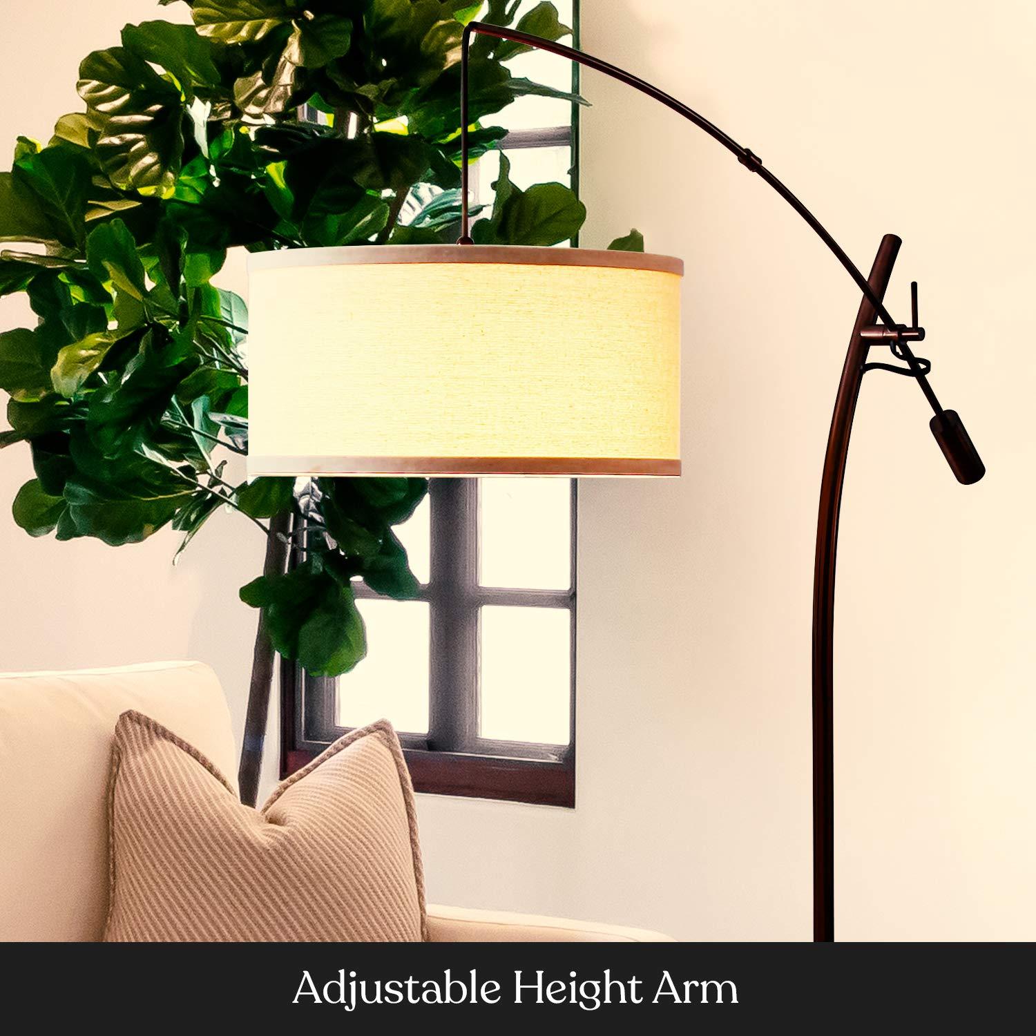 Brightech Grayson 84" Mid-Century Modern Height-Adjustable LED Arc Floor Lamp with Bronze Finish and Beige Cotton Fabric Drum Shade, Bulb Included