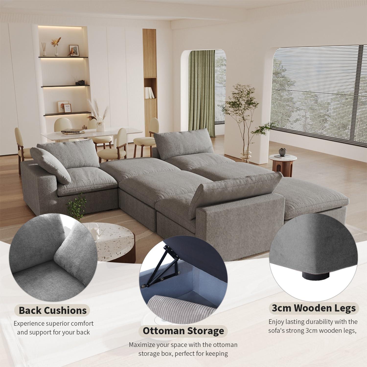 WJShome 8-Piece Cloud Modular Sectional Sofa,Down Filled Couch for Living Room,Minimalist Convertible Couches,Sofa Cover Washable & Removable,Grey