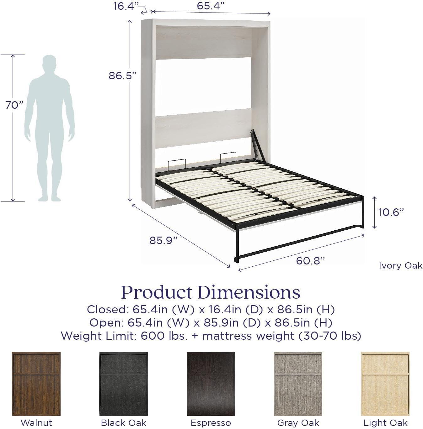 Columbia Walnut Full Size Murphy Bed with Storage and Slats