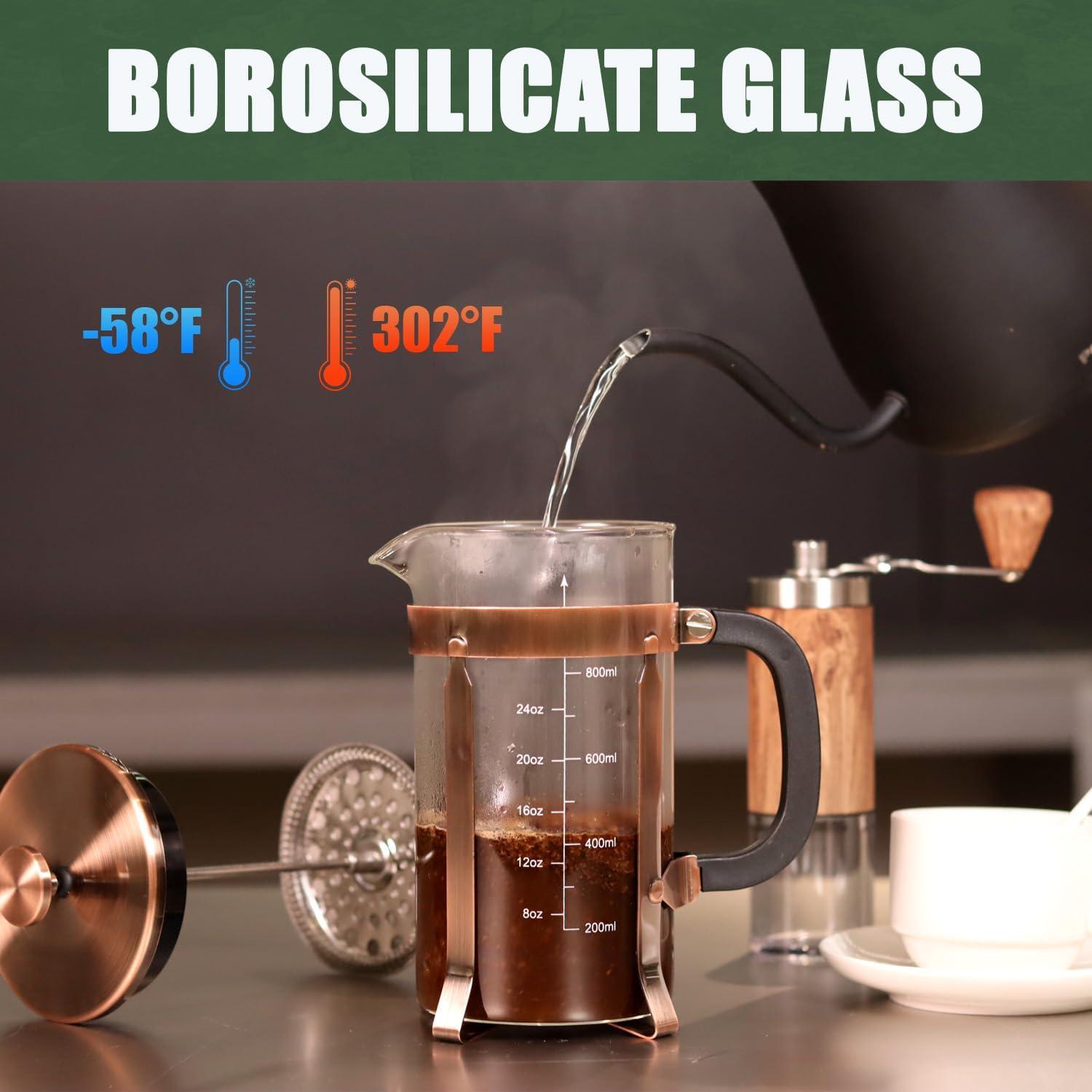 French Press Coffee Maker (21oz 600ML 3-4Cup) Coffee Press, with 4 Filters System, Heat Resistant Thickness Borosilicate Glass, Cold Brew Coffee Tea Pot Gifts (Copper)