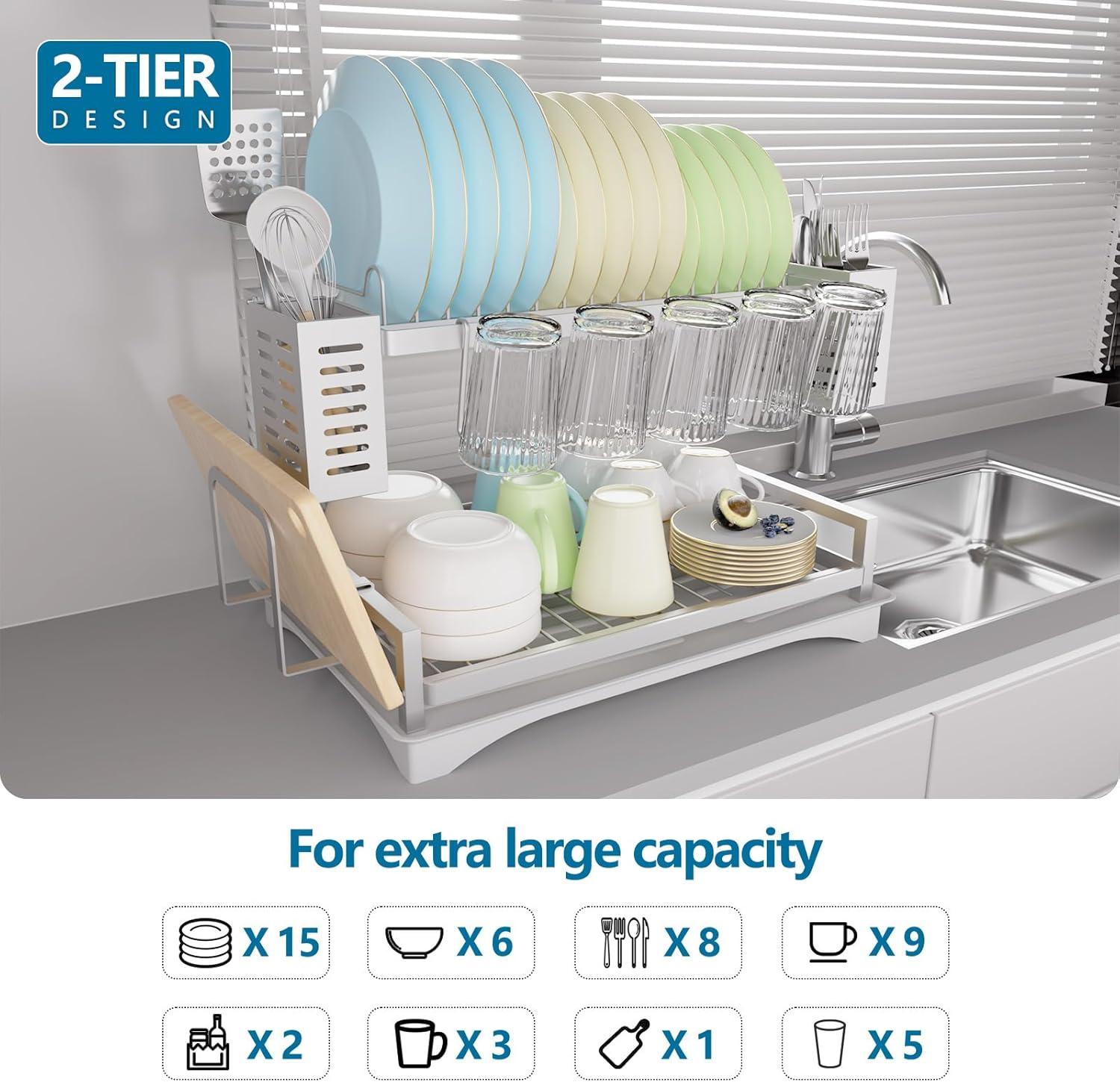 THE GLAMOUR BOUTIQUES Dish Drying Rack: 2 Tier Dish Racks For Kitchen Counter - Large Rust Proof Dish Drying Rack With Aluminum - Detachable Dish Drainer Organizer With Utensil Holders Drainboard Silver