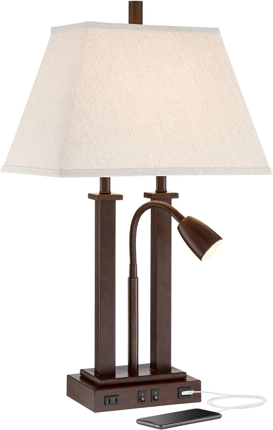 Possini Euro Design Deacon Modern Desk Table Lamp 26" High Bronze with USB and AC Power Outlet in Base LED Reading Light Oatmeal Shade for Office Desk