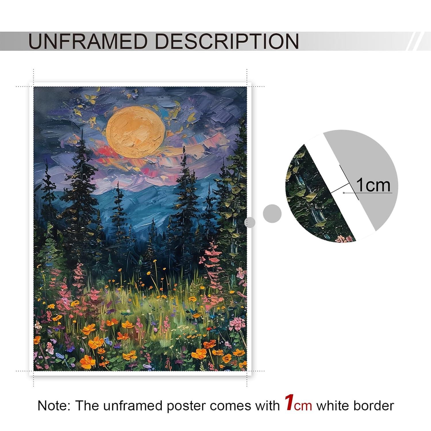 SYDposter Vintage Full Moon Above The Wildflowers Canvas Wall Art, Mystical Midnight Woodland Art Print Poster, Retro Flowers and Trees Nature Oil Painting, Dark Forest Landscape 12x16in Unframed