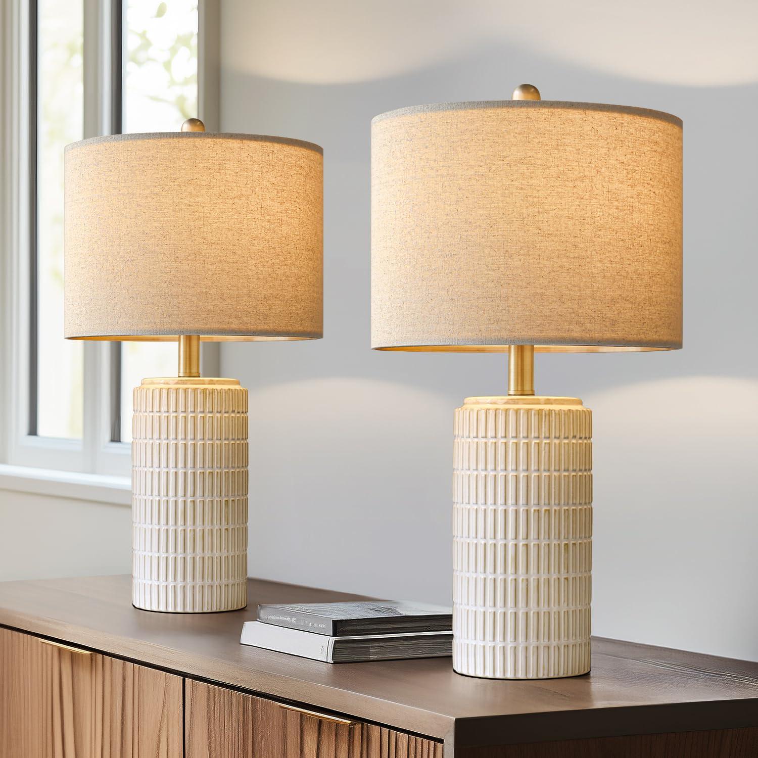 23" Modern Ceramic Table Lamp Set of 2 for Living Room White Desk Lamps for Bedroom Farmhouse Bedside Nightstand Bedside Lamp End Table Lamps Beige