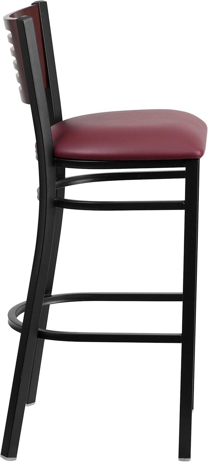 Flash Furniture HERCULES Series Black Slat Back Metal Restaurant Barstool - Mahogany Wood Back, Burgundy Vinyl Seat