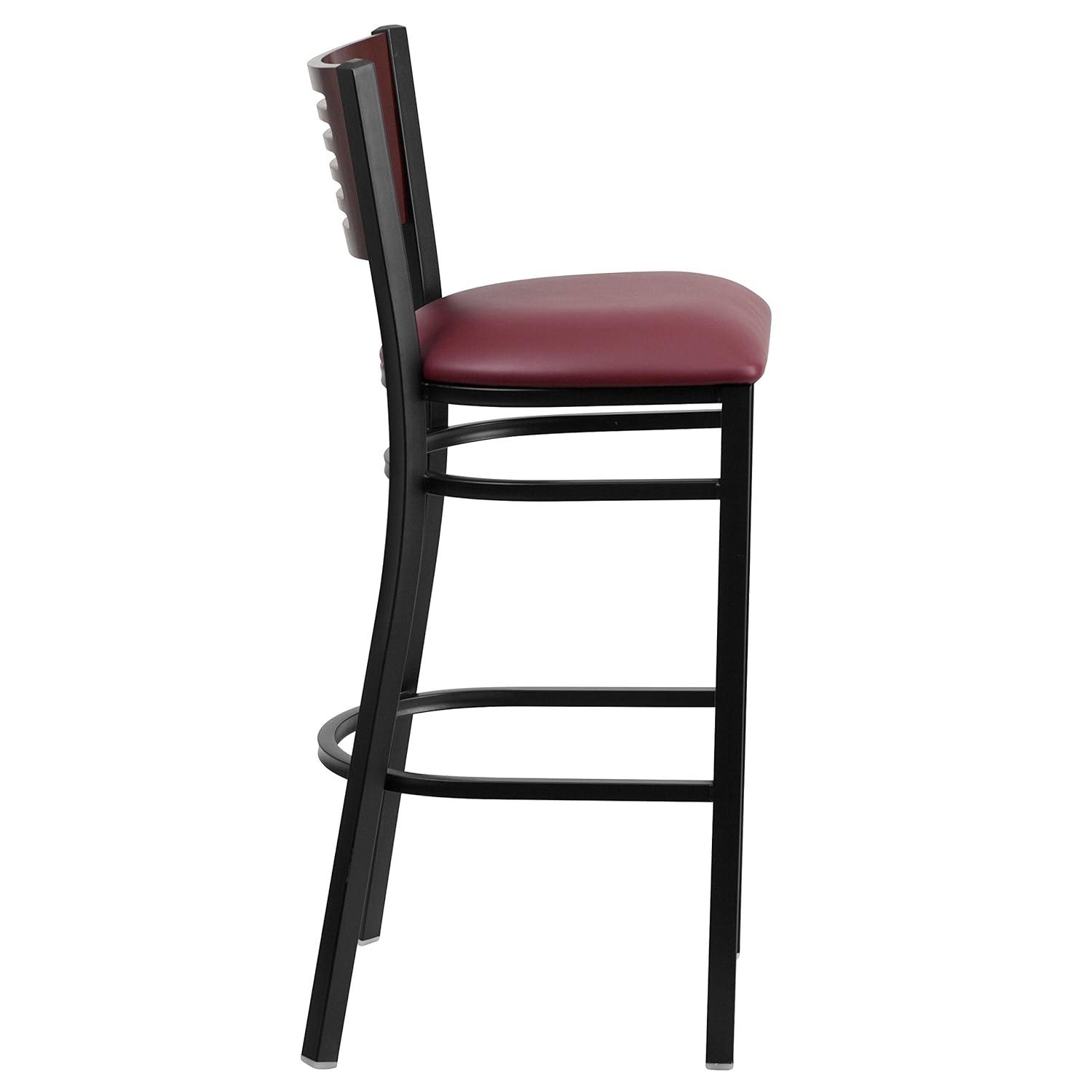 Flash Furniture HERCULES Series Black Slat Back Metal Restaurant Barstool - Mahogany Wood Back, Burgundy Vinyl Seat