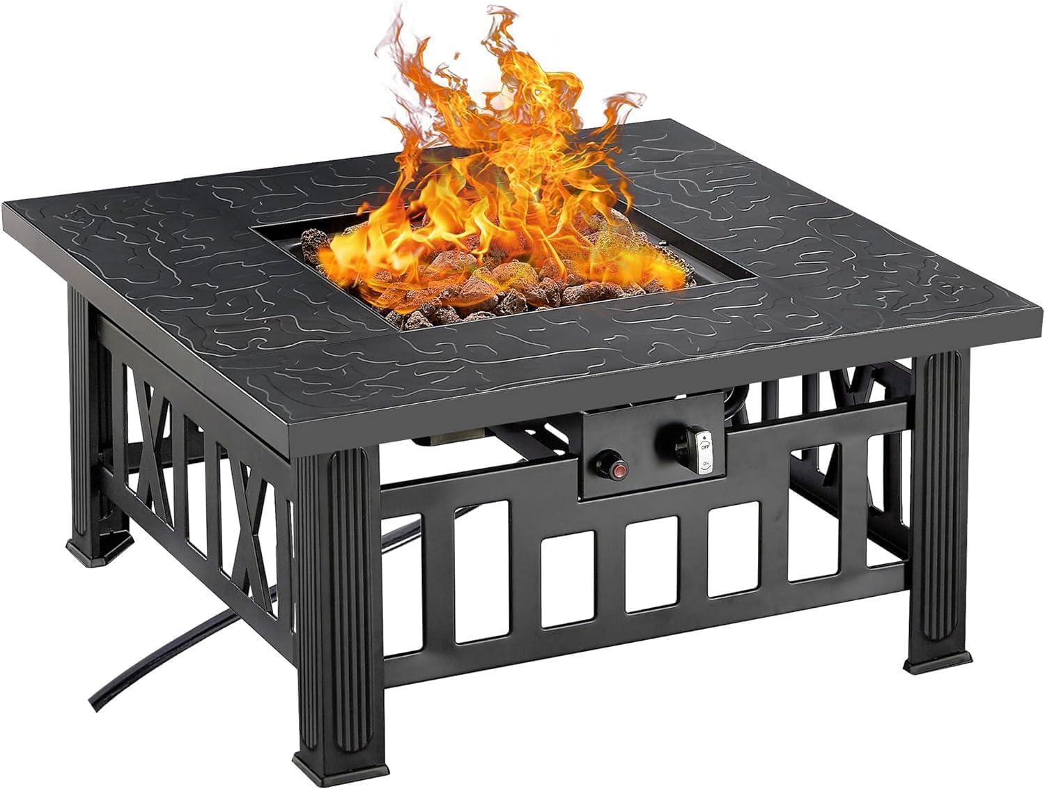 VECELO 30" Square Propane Fire Pit Table, 50,000 BTU Gas Fire Square Fireplace with Lid and Lava Rock for Outdoor, Patio, Backyard, Party, Black