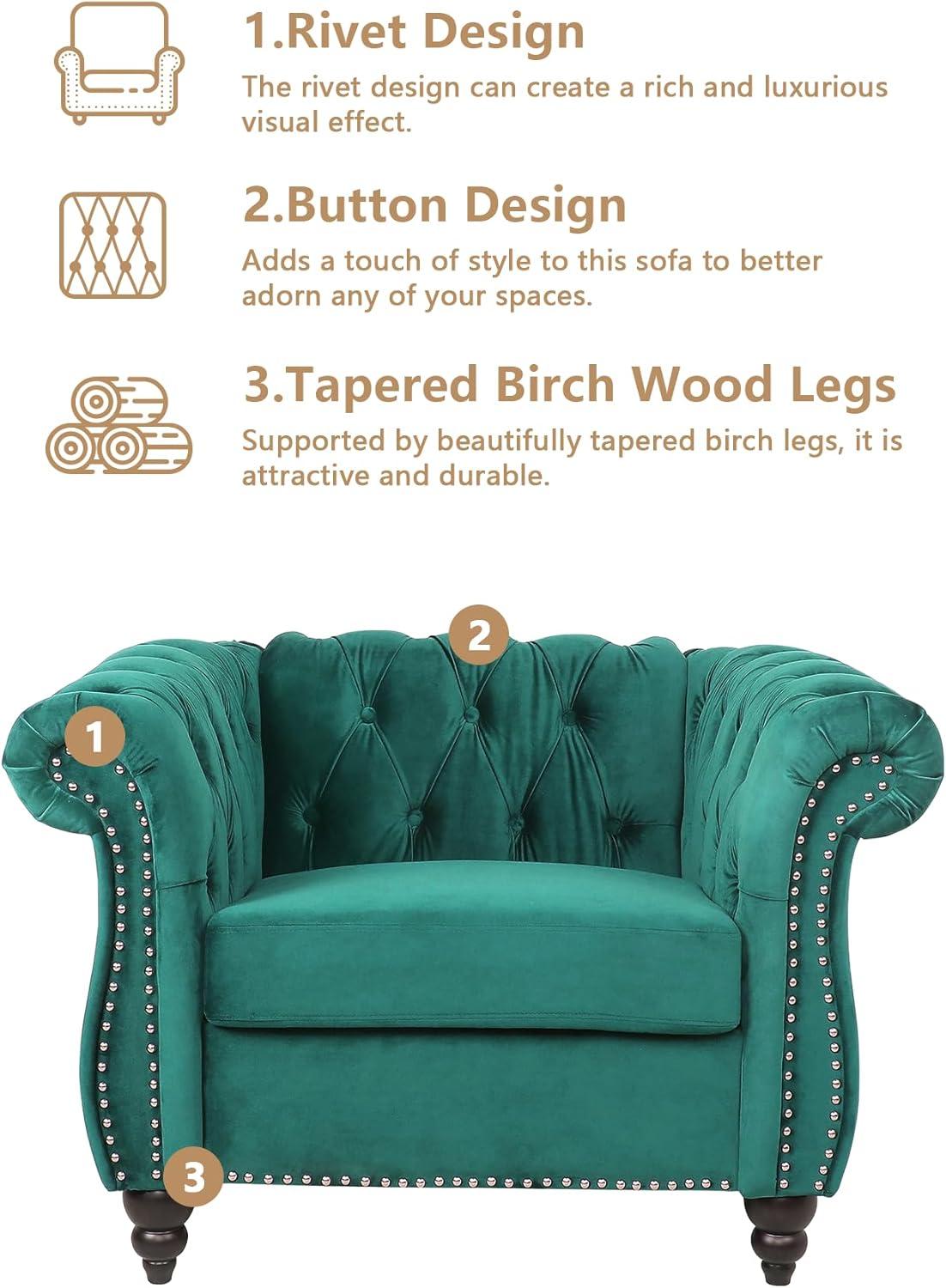 Green Velvet Chesterfield Accent Chair with Nailhead Trim