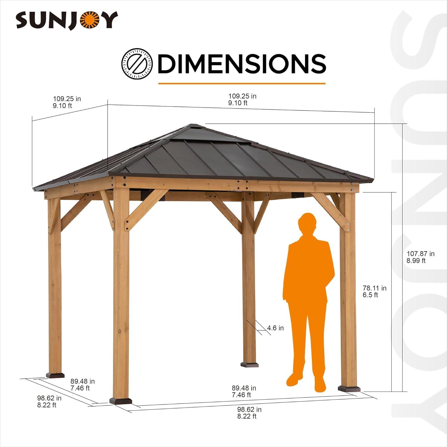 SUNJOY Hardtop Gazebo 9 x 9 ft. Cedar Framed Wood Gazebo with Brown Steel & Polycarbonate Pyramid Hip Roof and Ceiling Hook for Garden, Backyard Shade, Brown Roof + Natural Wood Frame