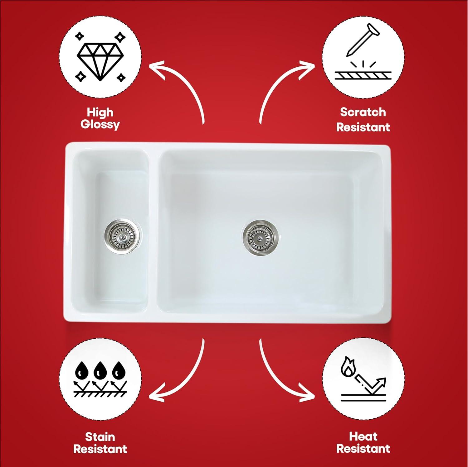 White Farmhouse Sink – 36" Farm Kitchen Sink with Apron, Fireclay, Made in Italy – Double Bowl, Sturdy, Reversible, Undermount, Scratch Resistant, Easy to Clean HP-FC9010-W