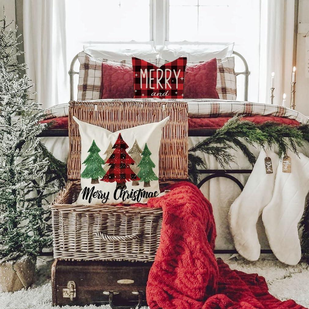 BEAUTY Merry Christmas Throw Pillow Covers 18 x 18 Inch Set of 4  Red Barn Merry & Bright Xmas Farmhouse Holiday Pillowcases for Home Outdoor Decoration CP053-18