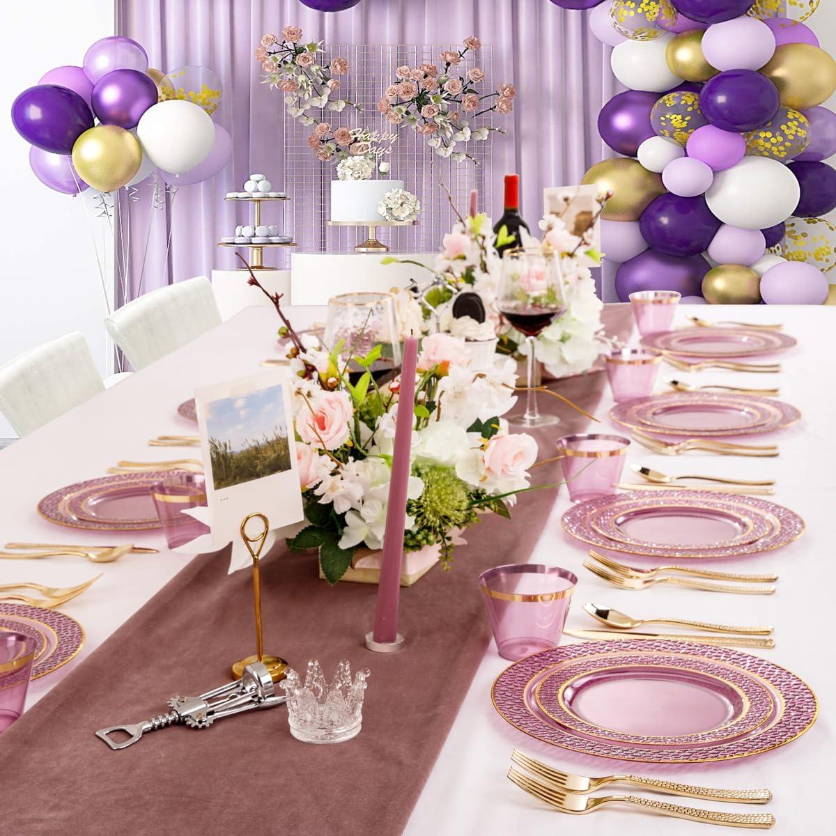 Elegant Purple and Gold Disposable Plastic Dinnerware Set