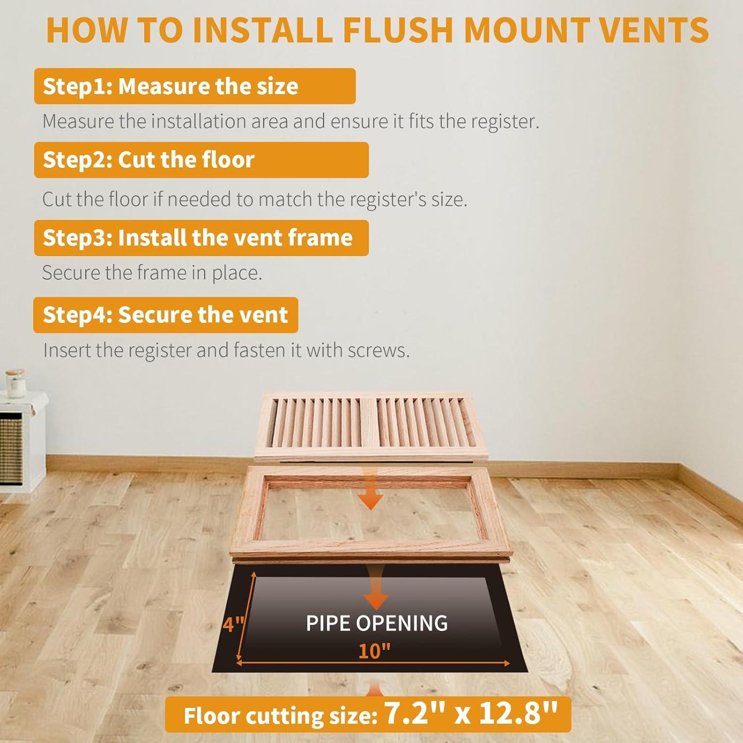 Hardwood White Oak Floor Register, Flush Mount with Frame, 4x10 Inch, Unfinished