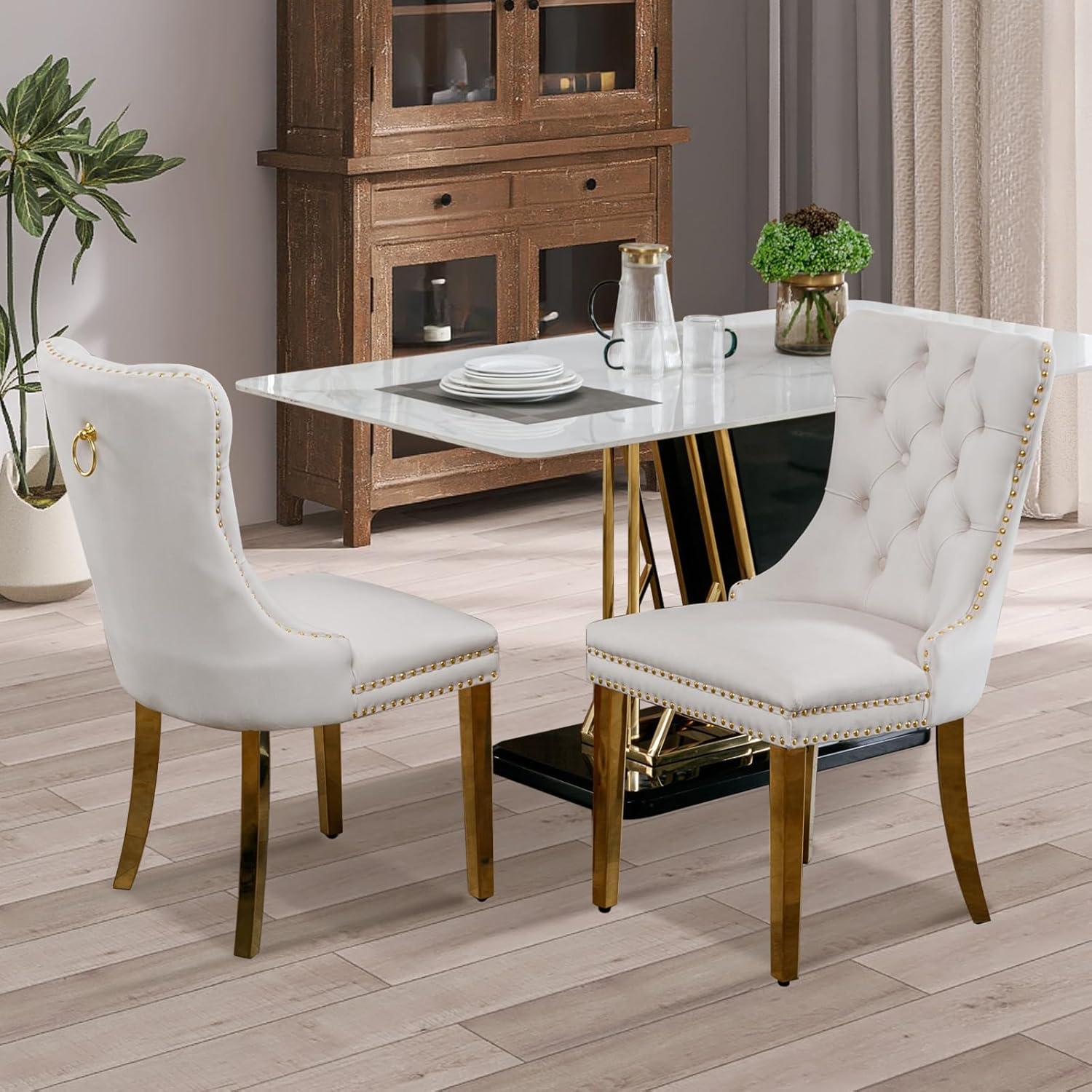 Beige Velvet Upholstered Dining Chairs with Gold Metal Legs, Set of 2