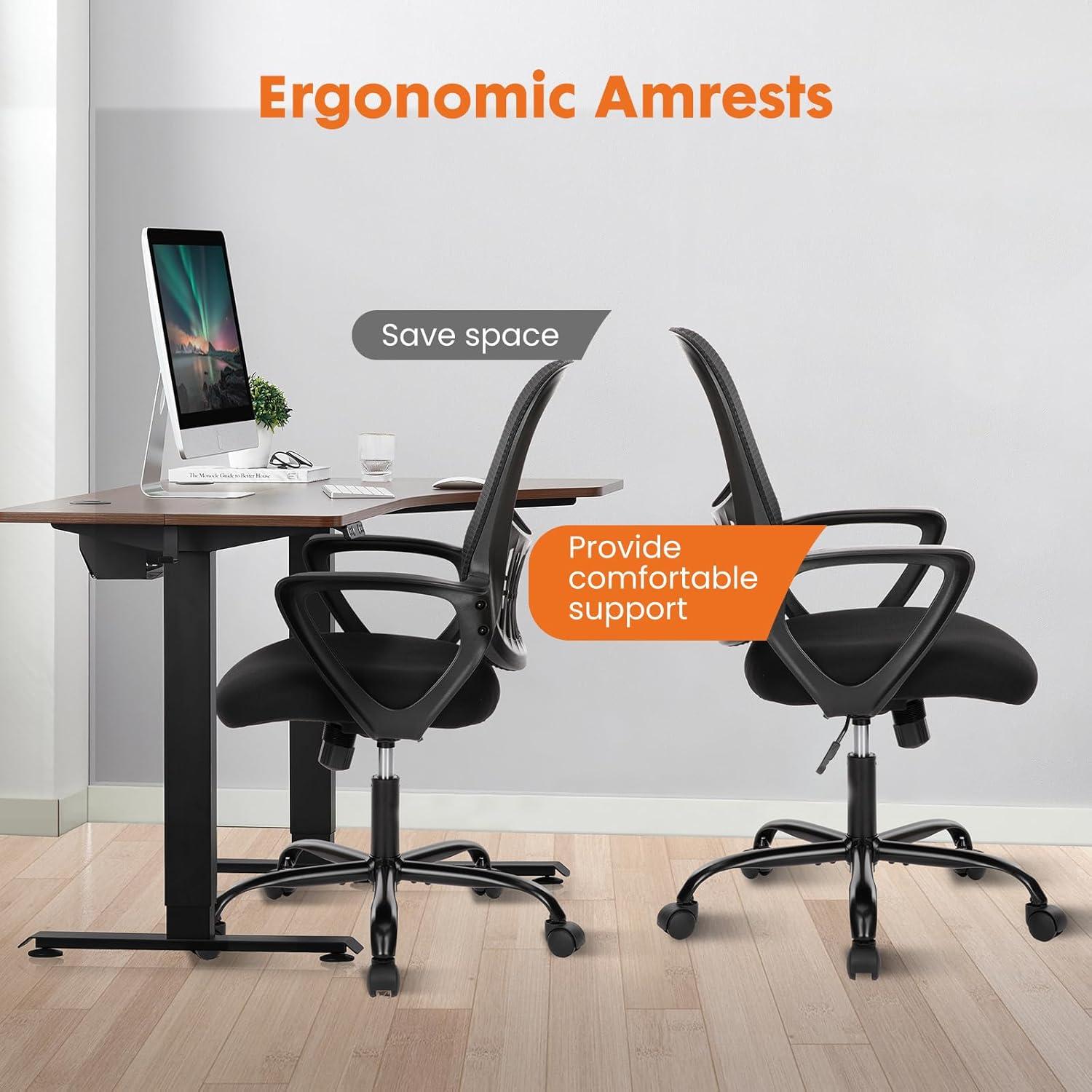 Office Computer Desk Managerial Executive Chair, Ergonomic Mid-Back Mesh Rolling Work Swivel Chairs with Wheels, Comfortable Lumbar Support, Comfy Arms for Home,Bedroom,Study,Student,Black