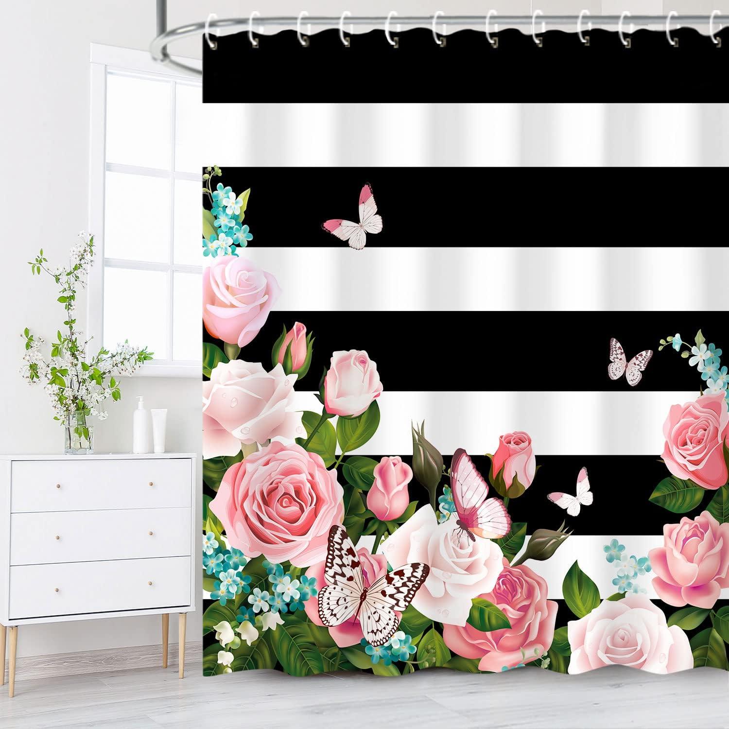 LIVILAN Striped Shower Curtain with Pink Roses, Pink Shower Curtain，Butterfly Shower Curtains Set with Hooks, Girly Shower Curtain for Bathroom 72x72 Inches