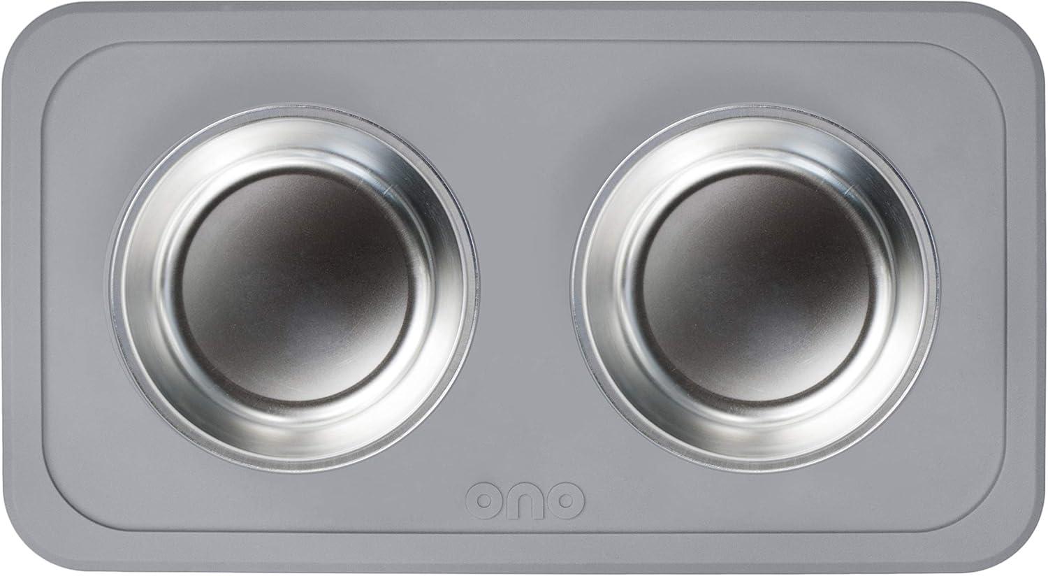 Ono Good Bowl Food & Water Double Feeder - Small to Medium Pets No Spill Non Skid Silicone Mat & Stainless Steel Bowl for Dogs or Cats (Charcoal)
