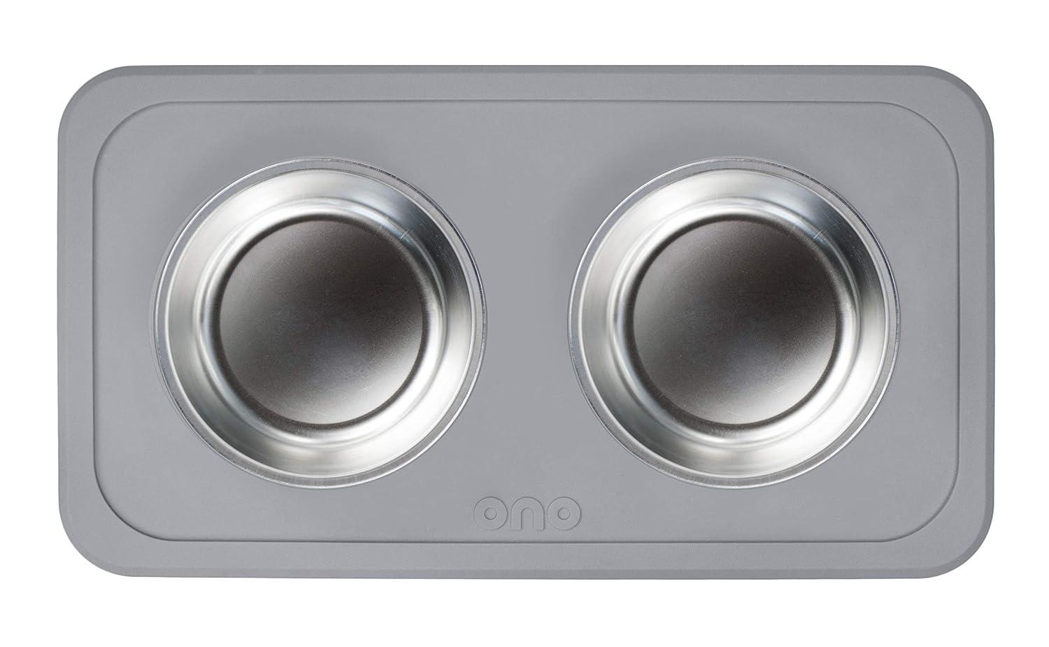 Ono Good Bowl Food & Water Double Feeder - Small to Medium Pets No Spill Non Skid Silicone Mat & Stainless Steel Bowl for Dogs or Cats (Charcoal)
