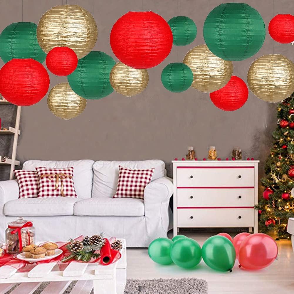 Festive Red Green Gold Round Paper Lantern Set, 15 Pieces