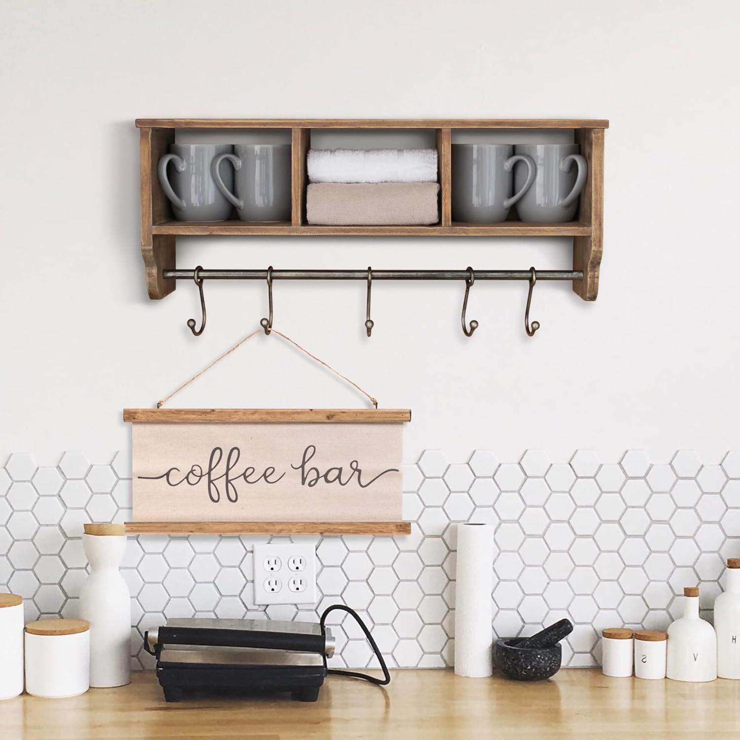 BizChair Rustic Coat Rack Wall Mounted Shelf with Hooks & Baskets, Entryway Organizer Wall Shelf with 5 Coat Hooks and Cubbies, (Rustic Brown, 24 Inch)