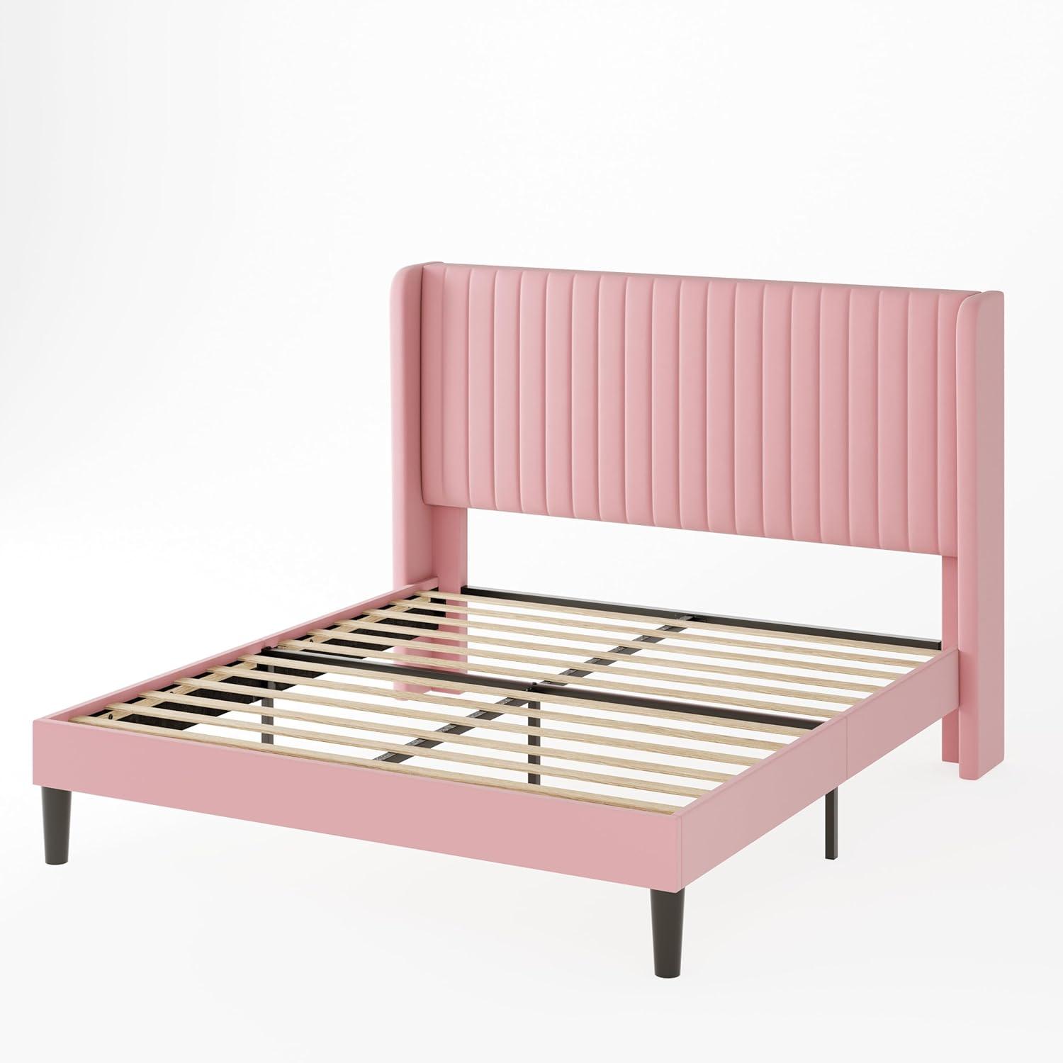 Candler Velvet Upholstered Platform Bed with Wingback Headboard and Wooden Slats