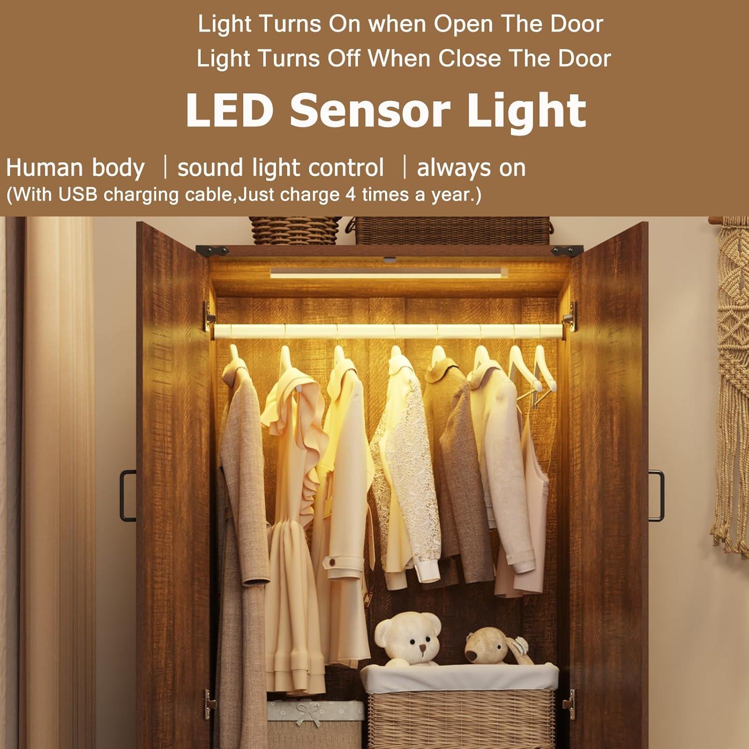 Ivy Bronx 75" Tall Farmhouse 2 Doors Armoire Wardrobe Closet with 3 Drawers and LED,Freestanding Closet