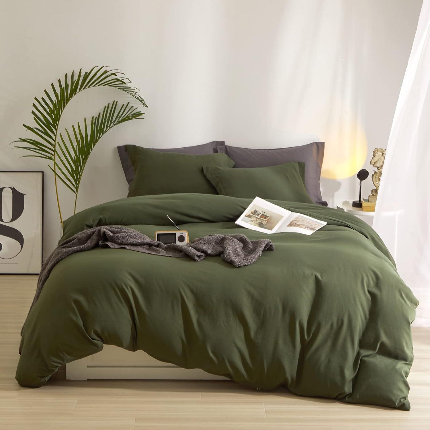 3 Piece 100% Washed Cotton Army Green Duvet Cover Set Luxury Soft and Breatheable Bedding Set with Zipper Closure,Queen Size