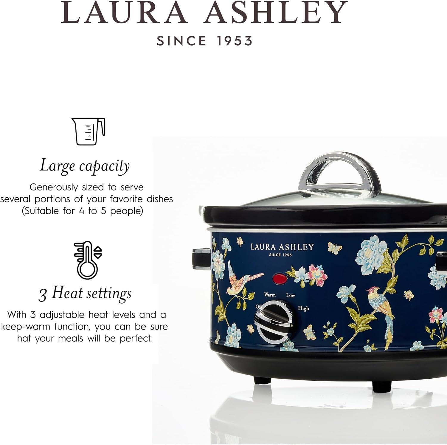 Laura Ashley 3.5L Slow Cooker Navy: Ceramic & Stainless Steel, 3 Settings, 320W, Keep Warm, 4 Quart Pot, 1-Year Warranty
