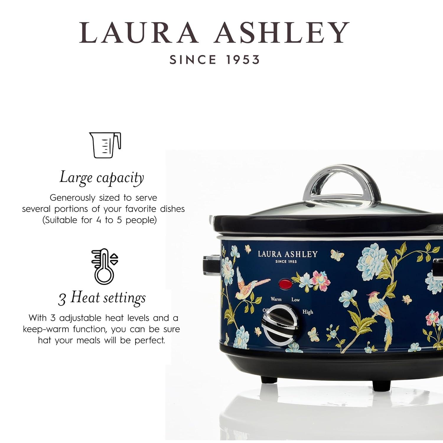 Laura Ashley 3.5L Slow Cooker Navy: Ceramic & Stainless Steel, 3 Settings, 320W, Keep Warm, 4 Quart Pot, 1-Year Warranty