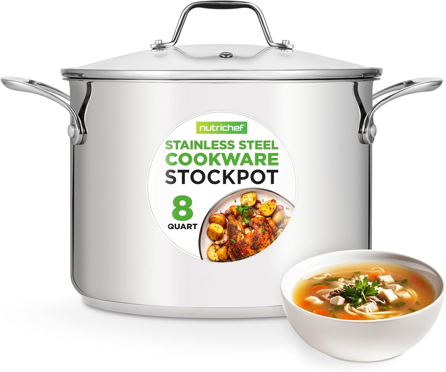 NutriChef 8-Quart Stainless Steel Stock Pot with Handles and Lid