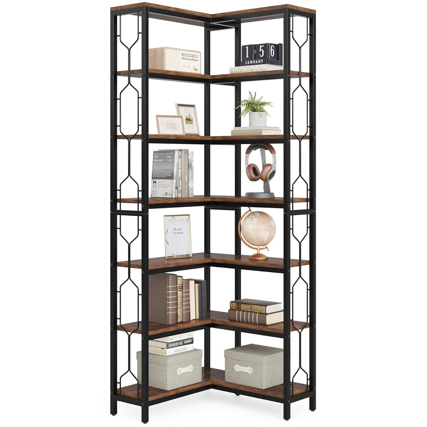 Tribesigns Corner Shelf, 7-Tier Industrial Corner Bookshelf, Wood and Metal Etagere Bookcase, Freestanding Display Shelf for Living Room, Kitchen, Home Office, Rustic Brown